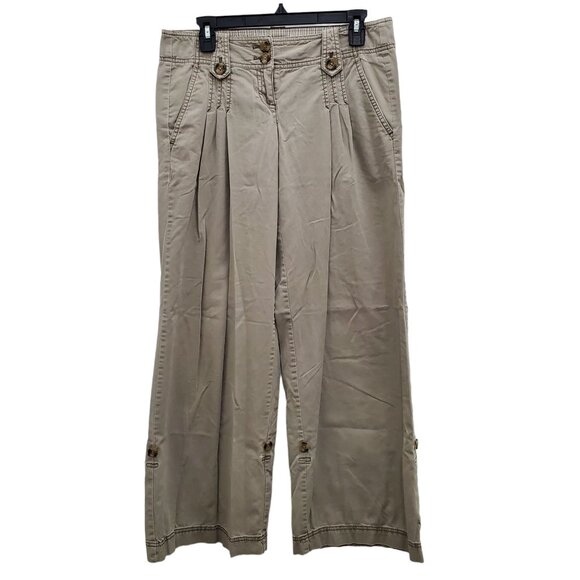 Ann Taylor LOFT Marisa Beige Pleated Front Roll Tab Flare Wide Leg Pants Size 4 - Picture 1 of 6